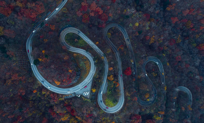 Beautiful curvy street on the Nikko mountain, Japan. Aerial view