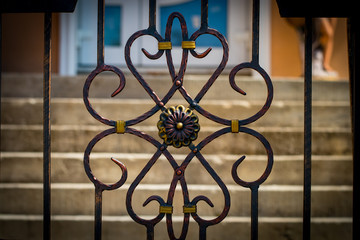 The wrought-iron gates, ornamental forging, forged elements close-up