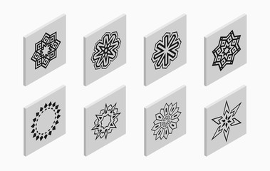Isometric icons with abstract symmetric symbols.