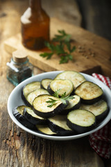 Sliced eggplant on the white plate