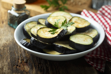 Sliced eggplant on the white plate