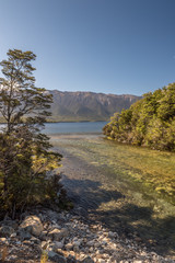 The source of the Buller River as it flows out of Lake Rotoiti, Nelson Lakes National Park, New Zealand.