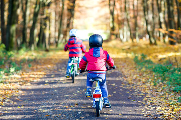 Two little kid boys in colorful warm clothes in autumn forest park driving bicycle. Active children cycling on sunny fall day in nature. Safety, sports, leisure with kids concept. Best friends having