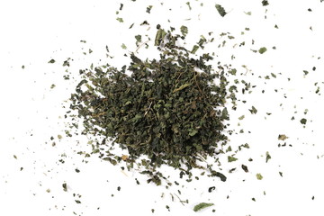 Dry, cut and sliced nettle pile, isolated on white background, top view