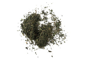 Dry, cut and sliced nettle pile, isolated on white background, top view