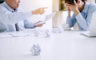 Boss and executive team feeling stress and serious of fail business, Team dispute of failure and exhausted with problems with a pile of work, sadness by bad news