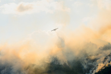 Fototapeta na wymiar Aerial firefighting with Canadair plane on a big wildfire. Firemen on a water bomber aircraft fighting flames in forest.