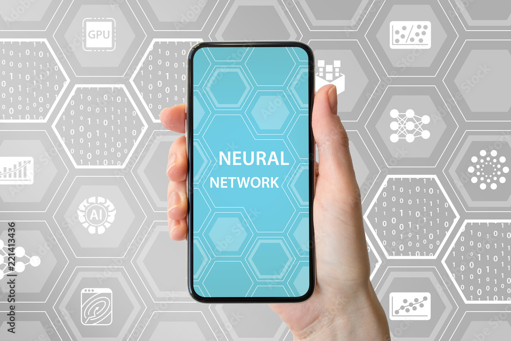 Poster deep neural network concept. hand holding modern bezel free smart phone in front of neutral backgrou