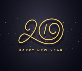 Fototapeta na wymiar Happy New Year 2019 wishes typography text and gold confetti on luxury black background. Premium vector illustration with lettering for winter holidays