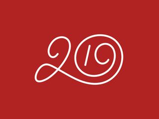 New Year 2019 calligraphic line art style lettering on red background. Vector illustration with modern typography