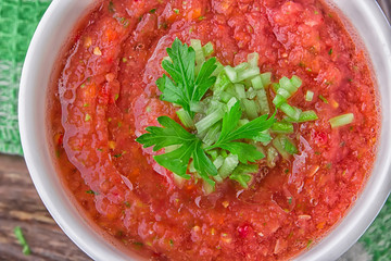 The best authentic, delicious, fresh gazpacho ,chilled, Spanish tomato soup from only raw ingredients with tomato, cucumber, bell pepper, onion,garlic, olive oil. Tasty   food. Vegetarian concept