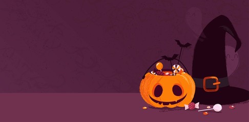 Happy halloween holiday background with pumpkin, witch hat, ghosts and candies. Vector illustration