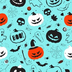 Halloween light blue seamless pattern with main symbols - pumpkins, skull, spiderweb, ghost and bats. Vector illustration