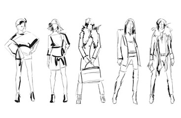 Sketch. Fashion Girls on a white background. Vector illustration.