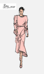 Fashion girl Sketch. Stylish fashion model. Autumn young girl.