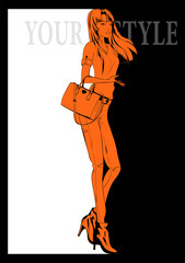 Fashion girl Sketch. Stylish fashion model. Autumn young girl.