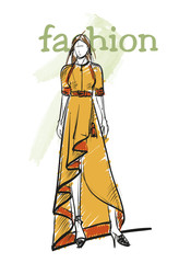 Fashion girl Sketch. Stylish fashion model. Pretty young girl.