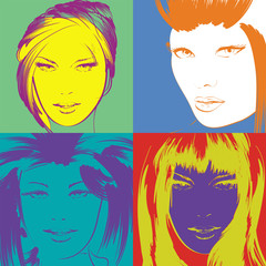 Pop art illustration. Lovely woman faces on a multicolored background. Fashion girls in the pop art style.