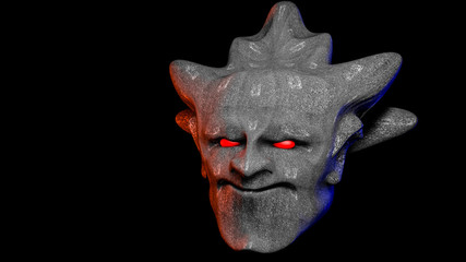 stone head of a demon with red eyes. illustration on black background. 3D rendering