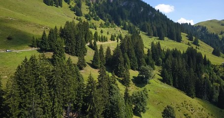 aerial drone footage of green alpine meadows and alpine mountains taken in the tyrol region of austria near kitzbuhel