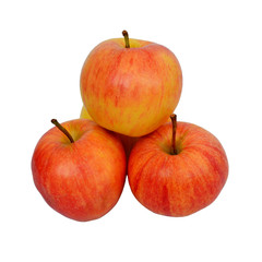 Pyramid of ripe juicy yellow-red sweet apples, front view, isolated on white background