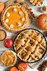 Thanksgiving pumpkin and apple various pies