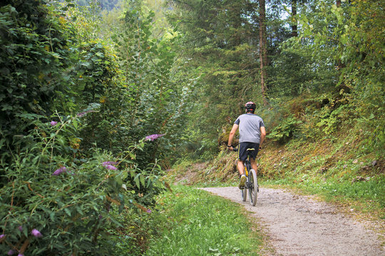 cyclist driving in the mountain, back view of young man riding a bike (space for text on the left of image)