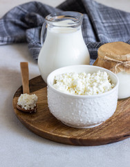 Different dairy products on a light background. Tasty healthy milk products.