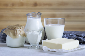 Different dairy products on a light background. Tasty healthy milk products.