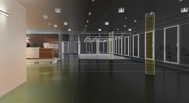 Panoramica di un centro commerciale vuoto, rendering 3d, illustrazione 3d