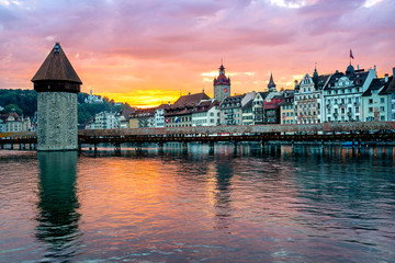 Lucerne, Switzerland, Old Town on dramatic sunset