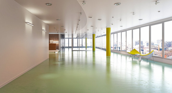 Panoramica di un centro commerciale vuoto, rendering 3d, illustrazione 3d