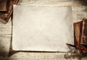 old parchment on antique writing desk - obrazy, fototapety, plakaty