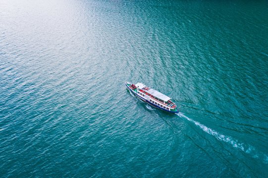 Aerial drone view on touristic boat