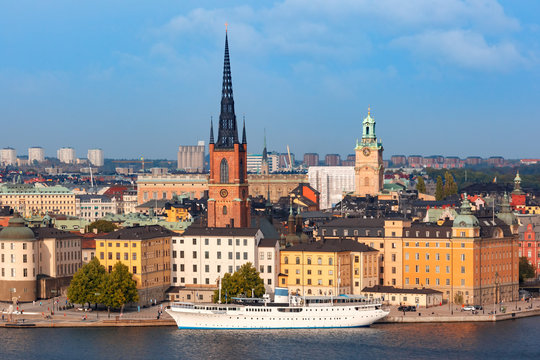 Scenic summer aerial view of Gamla Stan in the Old Town in Stockholm, capital of Sweden