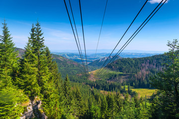 Beautiful view from a height to the mountains and valley, shooting from the cockpit of the funicular