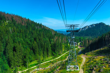 descent from the mountain in the funicular, shooting a beautiful mountain landscape from the cabin,...