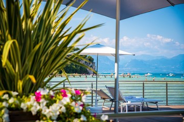 Sunbed and umbrella in Italian touristic resort