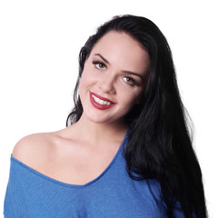 Fototapeta premium happy smiling attractive young woman wearing off-the-shoulder top, isolated on white