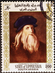 Leonardo da Vinci portrait on postage stamp of South Arabia