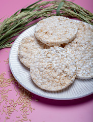 Round crispy rice crackers, dietary concept and healthy vegetarian food