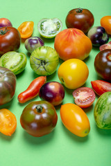Fototapeta na wymiar Multicolored assortment of French fresh ripe tomatoes copy space