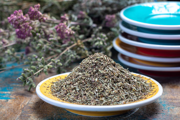 Herbes de Provence, mixture of dried herbs considered typical of Provence region, blends often contain savory, marjoram, rosemary, thyme,  oregano, lavender leaves, used with grilled foods and stews.