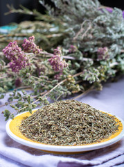 Herbes de Provence, mixture dried herbs considered typical of the Provence region, blends often contain savory, marjoram, rosemary, thyme,  oregano, lavender leaves, used with grilled foods and stews.