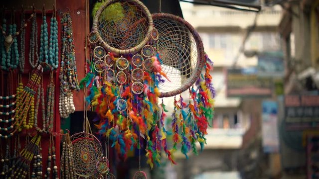 Colorful Dream Catcher Displayed For Sale at Thamel Street, Nepal 4K
