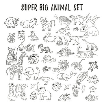 Big set of different vector animals. Dinosaur, lion, giraffe, elephant.