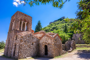 Ruins and churches of the medieval Byzantine ghost town-castle of Mystras, Peloponnese, Greece