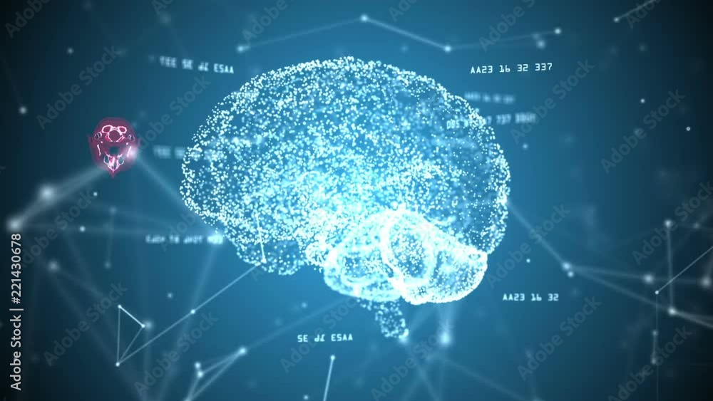 Aufkleber seamless loop: human brain and plexus structure revolving with skull scan and digits orbiting around