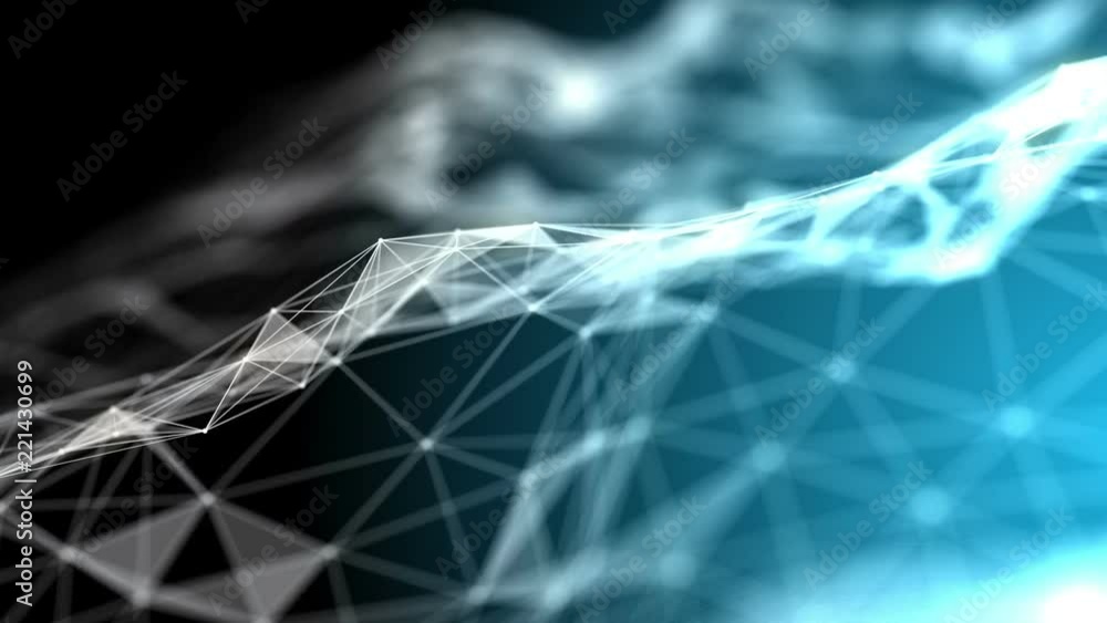 Poster Blue futuristic technology abstract background. Plexus lines, nodes and light polygons in organic motion. Abstract technology and engineering motion background. Depth of field settings. 3D rendering.