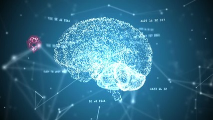 Seamless loop: Human brain  and plexus structure revolving with skull scan and digits orbiting around. Blue abstract science and technology motion background. 3D rendering. Depth of field settings. - Powered by Adobe